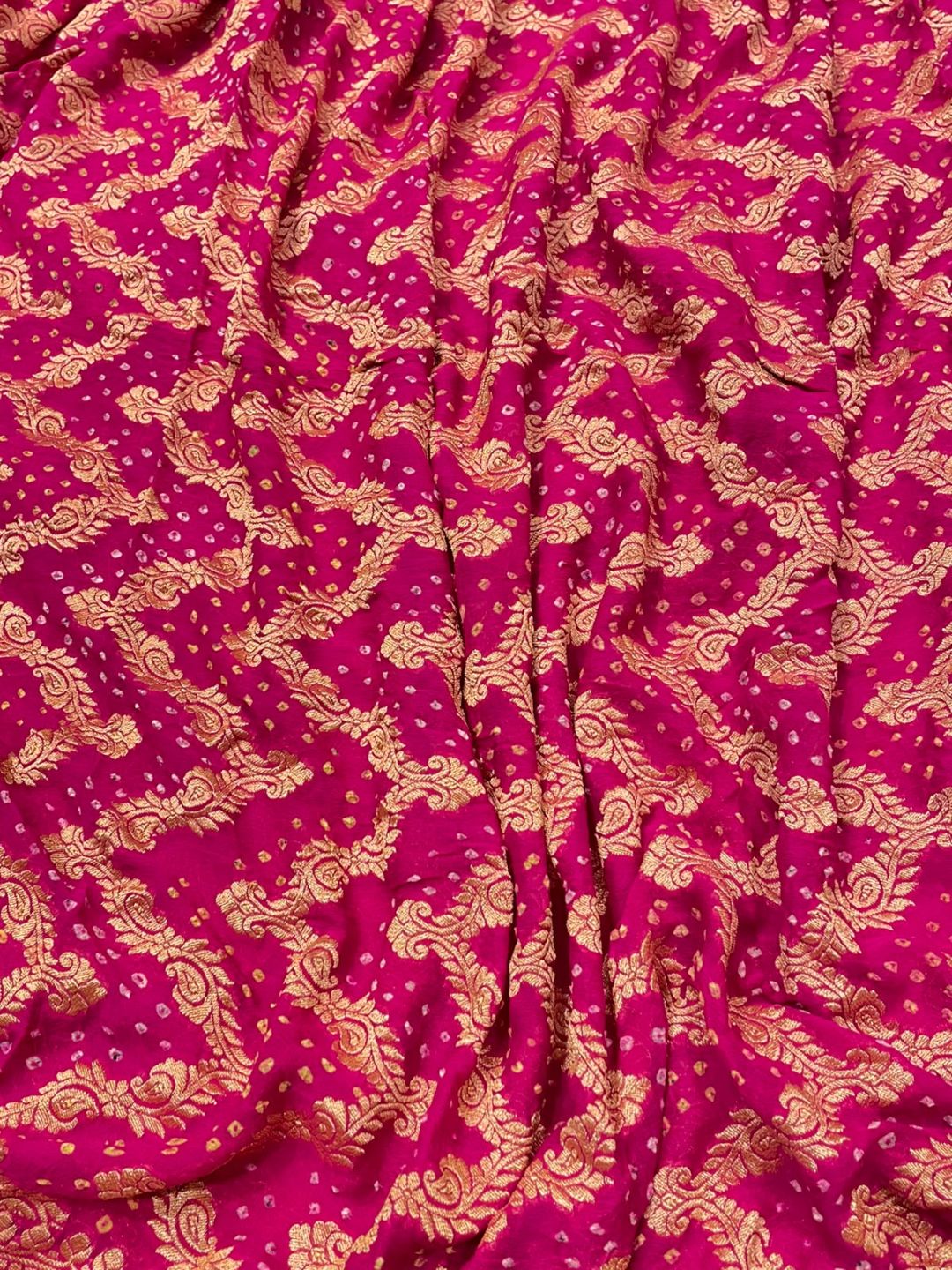 Rose Pink with Golden floral work Bandhani Banarasi saree blouse piece
