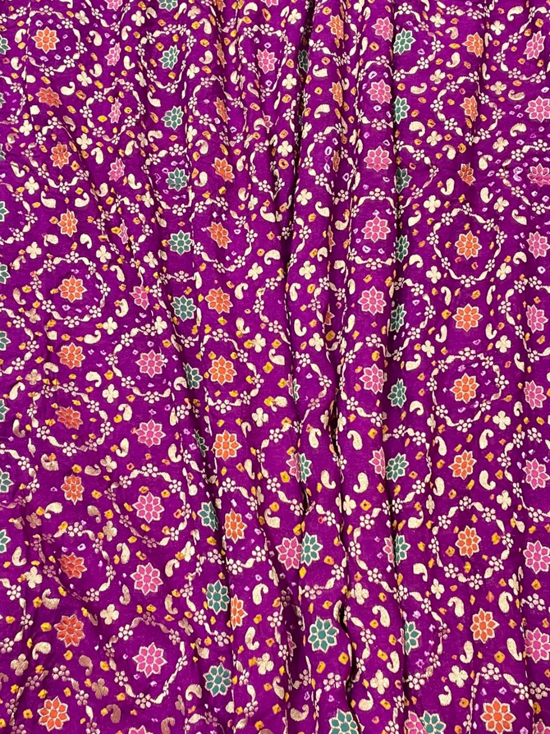 Red With Orange Tone Bandhani Banarasi saree front drape view