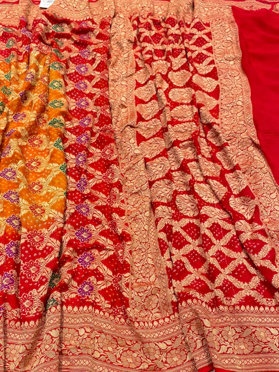 Dark Red with Orange multicolor floral work Bandhani Banarasi saree front drape view
