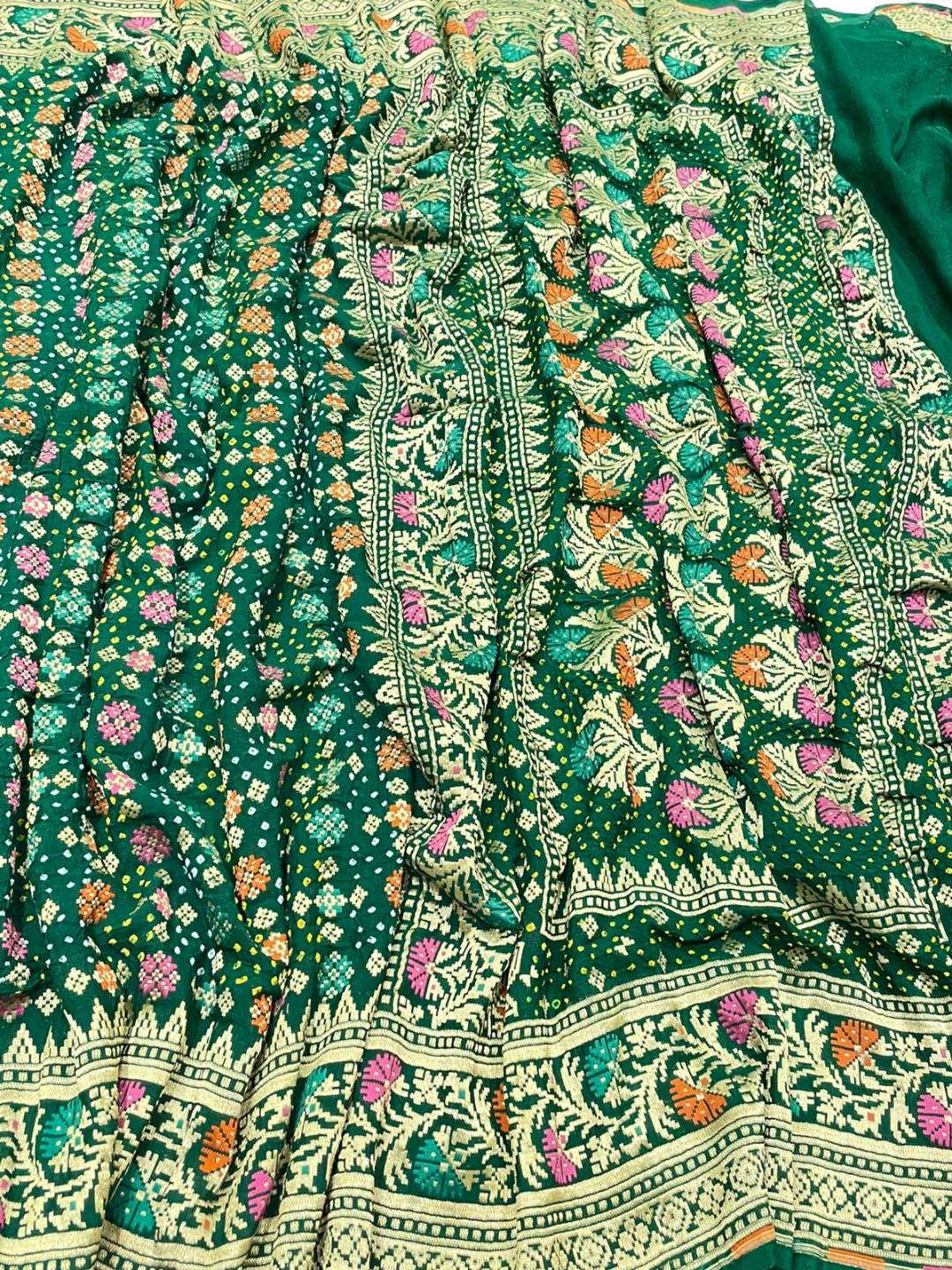 Bottle green with Golden floral work Bandhani Banarasi saree front drape view
