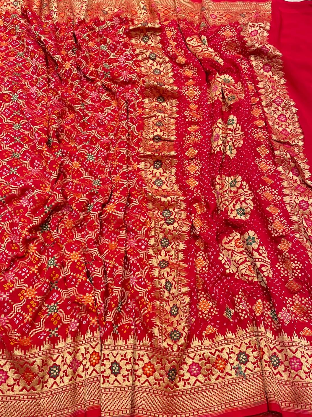 Dark red with Golden floral work Bandhani Banarasi saree blouse piece