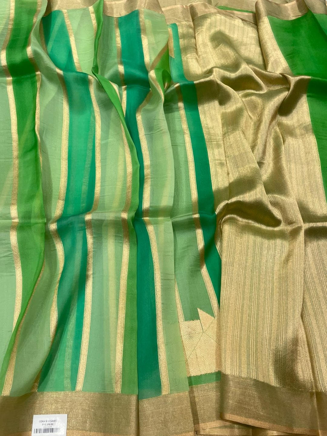 Green Kora Silk Banarasi saree front drape view