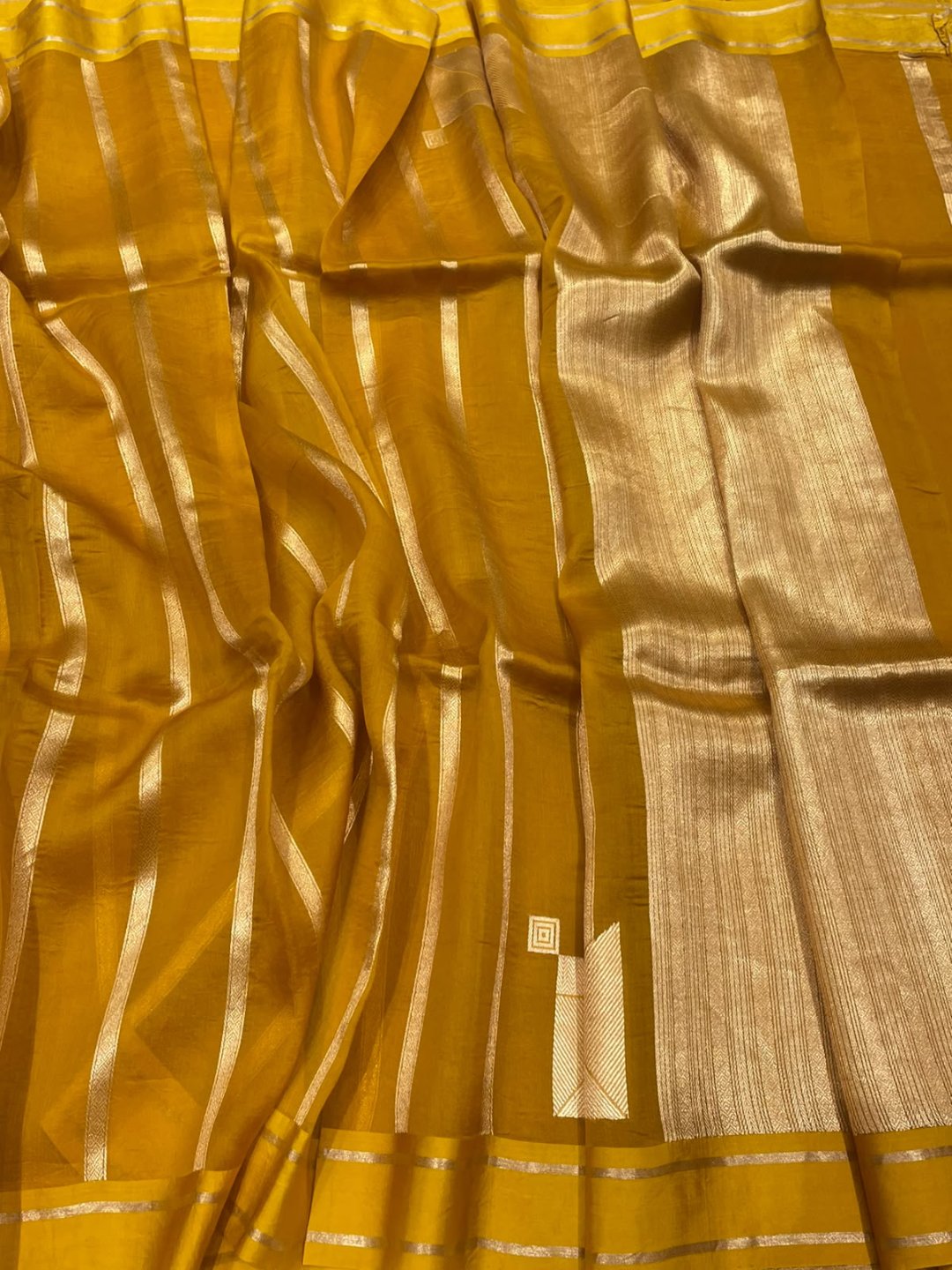 Musturd yellow Kora Silk Banarasi saree front drape view