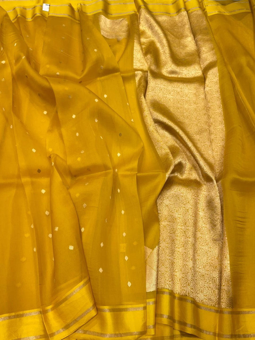 Dark yellow Kora Silk Banarasi saree front drape view