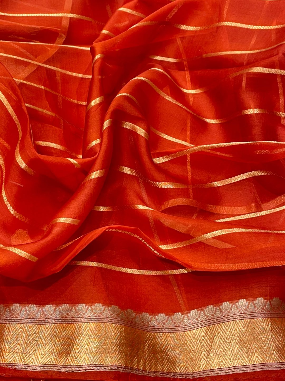 Rust Orange Kora Silk Banarasi saree texture detail