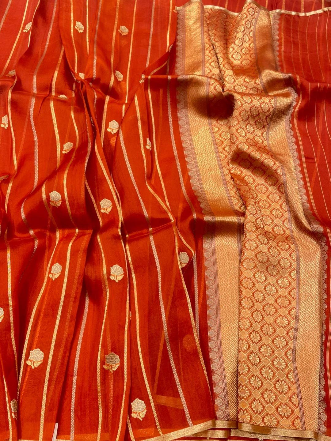 Rust Orange Kora Silk Banarasi saree front drape view