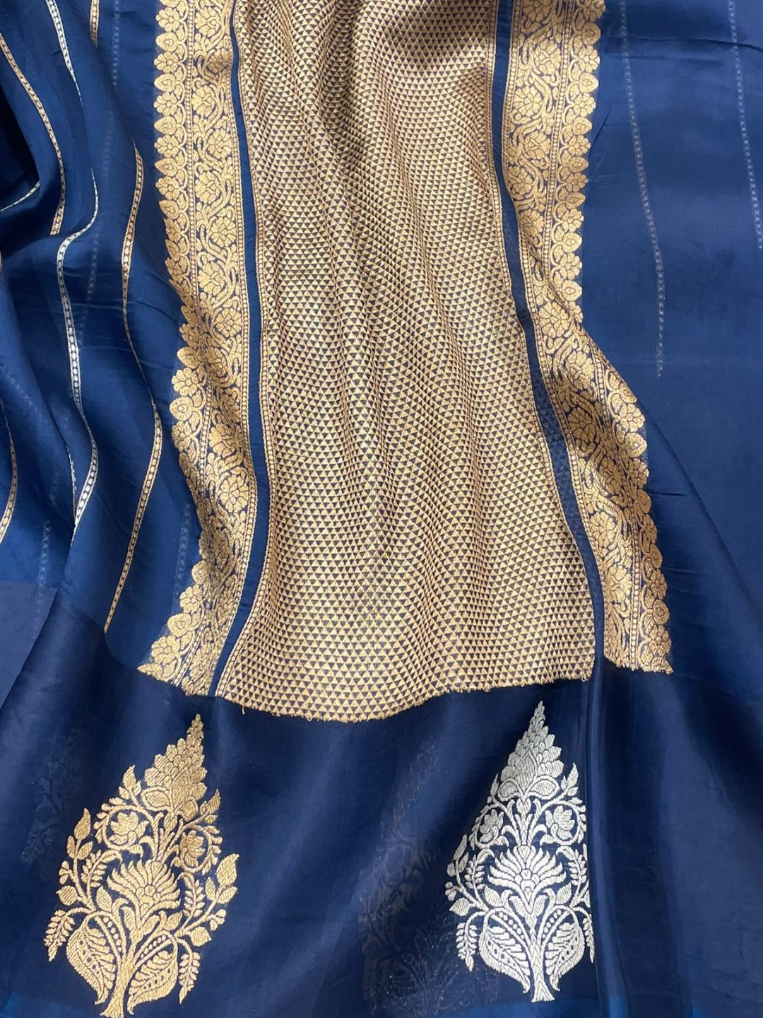 Navy blue Kora Silk Banarasi saree front drape view