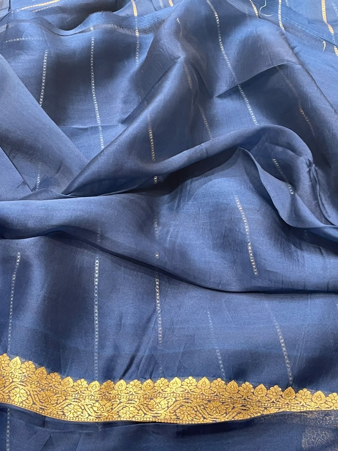 Navy blue Kora Silk Banarasi saree full spread