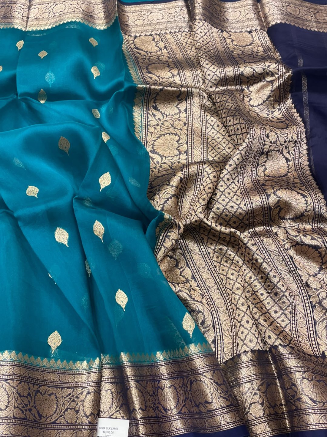 Rama Green Kora Silk Banarasi saree front drape view