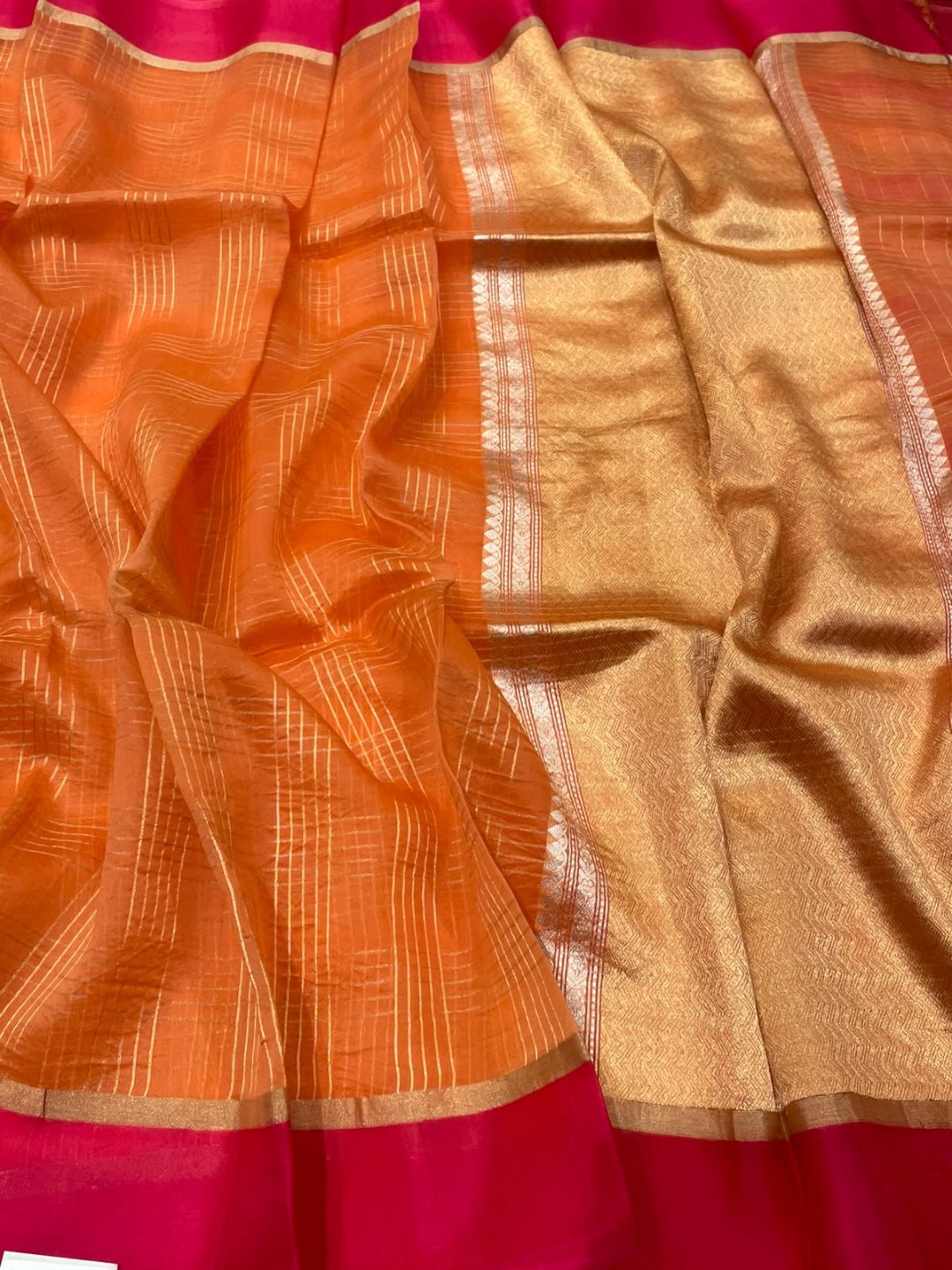 Light Orange with pink border Kora Silk Banarasi saree front drape view
