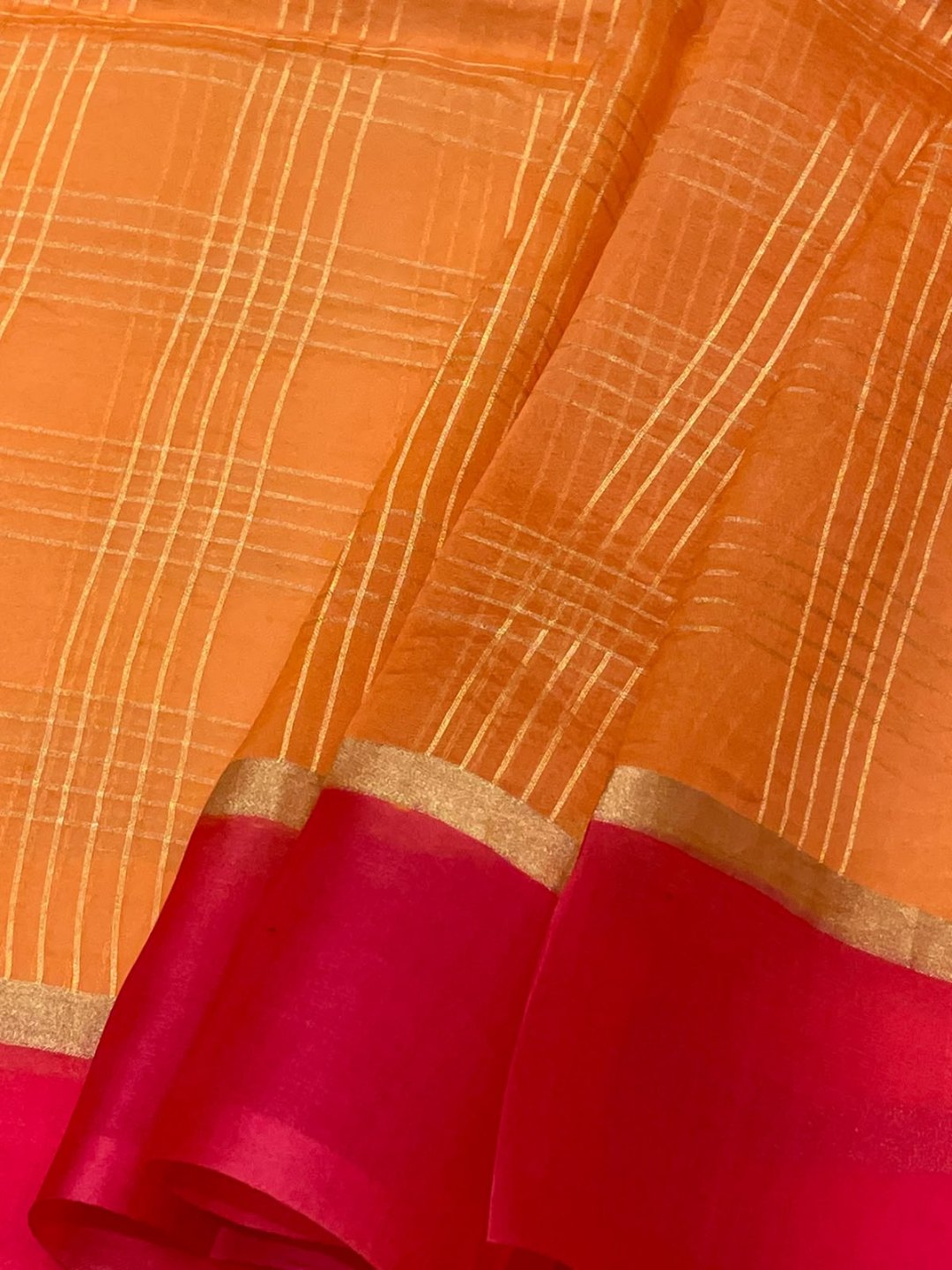 Light Orange with pink border Kora Silk Banarasi saree pallu detail