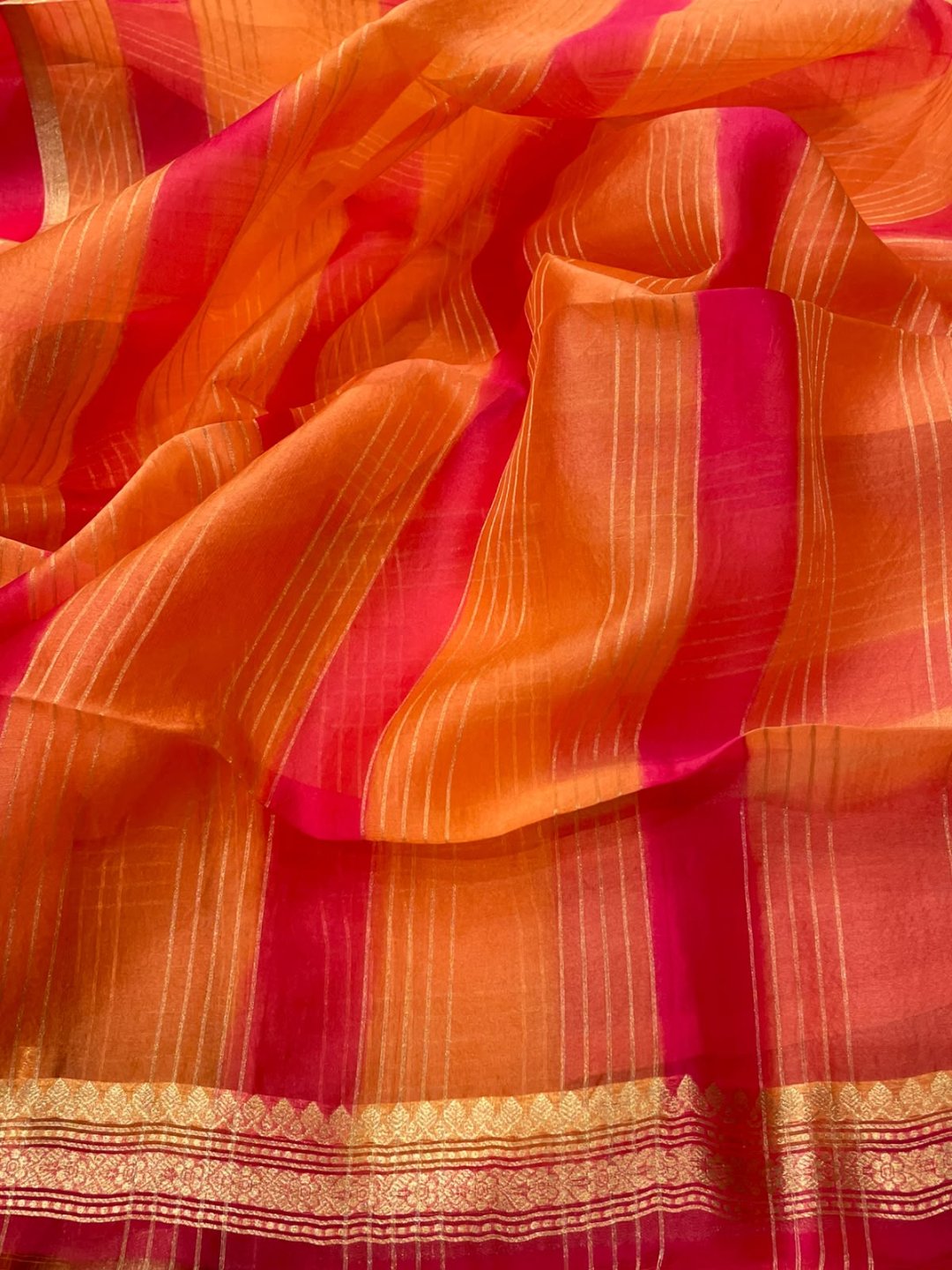Light Orange with pink border Kora Silk Banarasi saree full spread