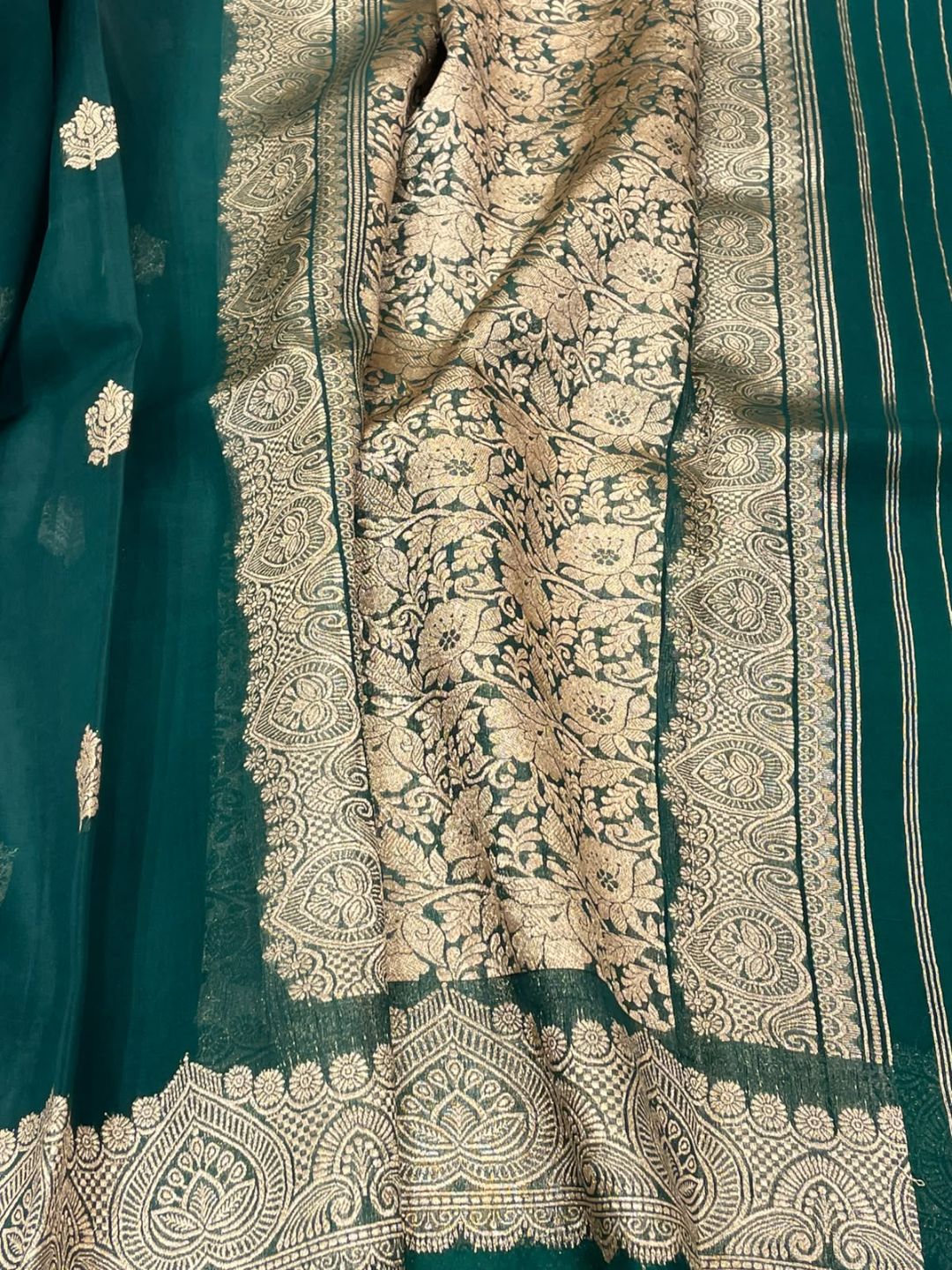 Bottle Green Kora Silk Banarasi saree front drape view