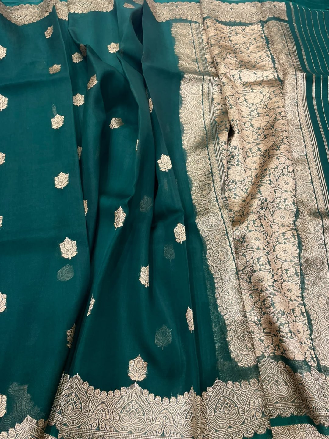 Bottle Green Kora Silk Banarasi saree blouse piece