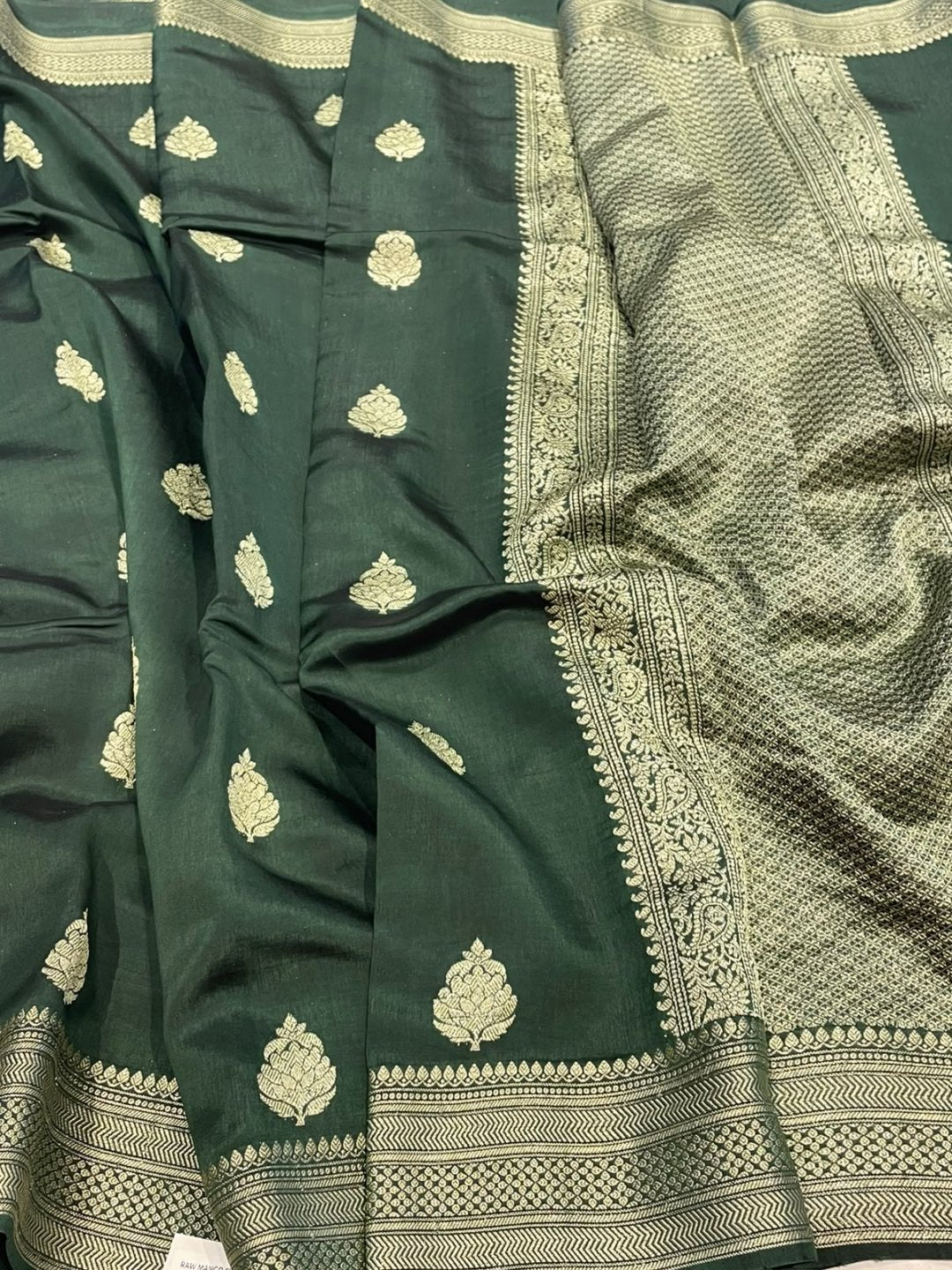 Bottle Green Katan Silk Banarasi saree front drape view