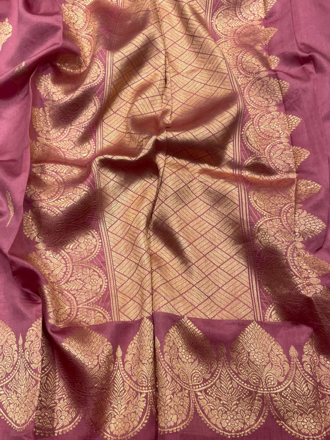 Dusty pink Katan Silk Banarasi saree front drape view