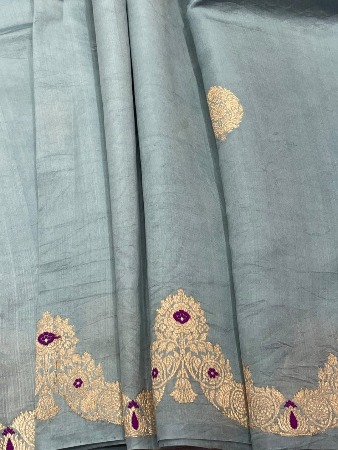 Smokey Grey with Rani small buti Katan Silk Banarasi saree blouse piece