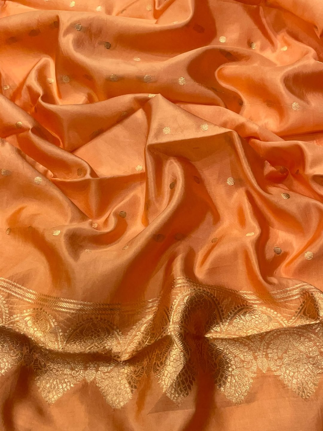 Peach Katan Silk Banarasi saree full spread