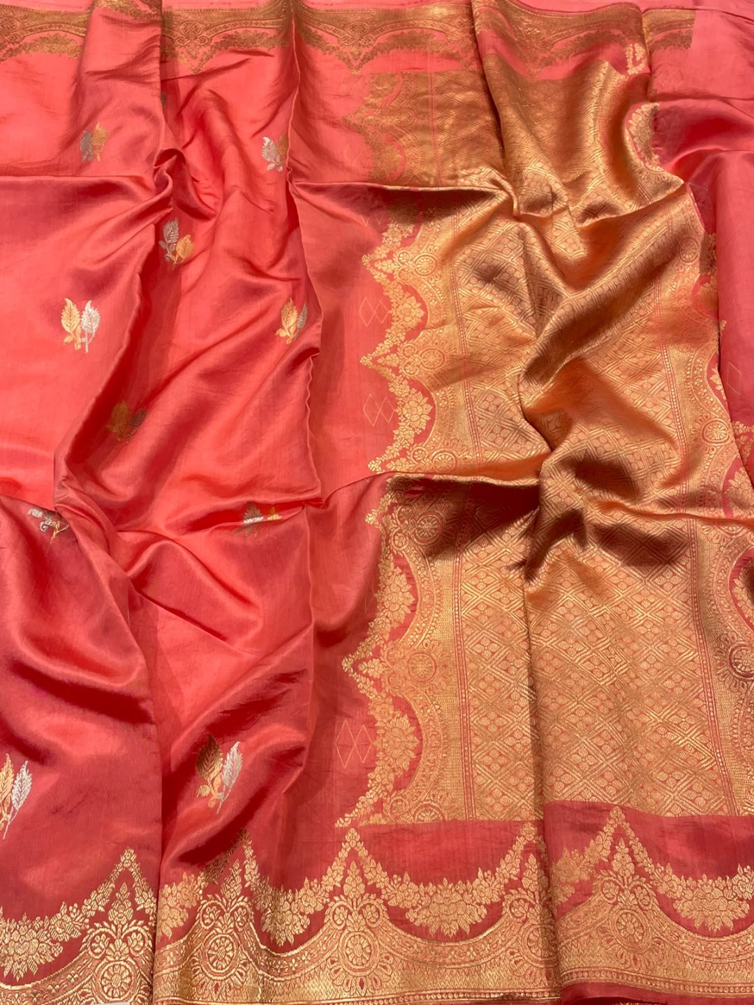 Peach Katan Silk Banarasi saree front drape view