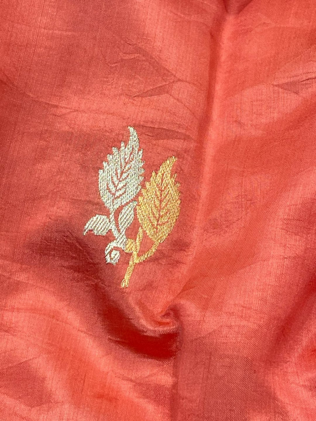 Peach Katan Silk Banarasi saree border closeup