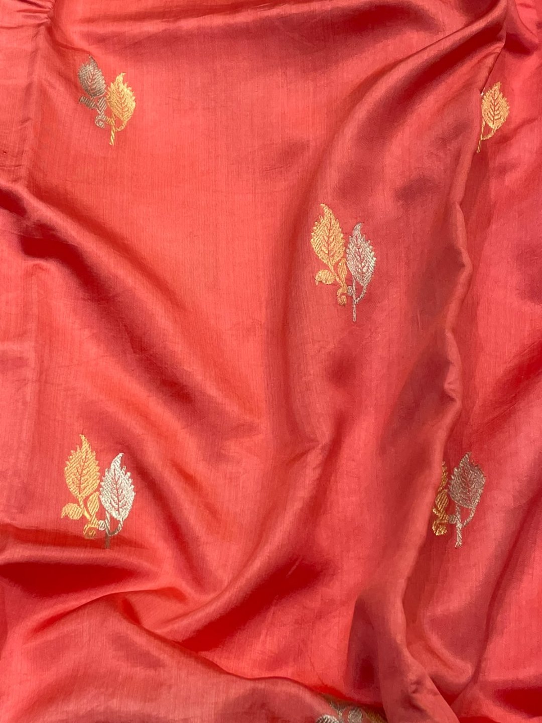 Peach Katan Silk Banarasi saree full spread