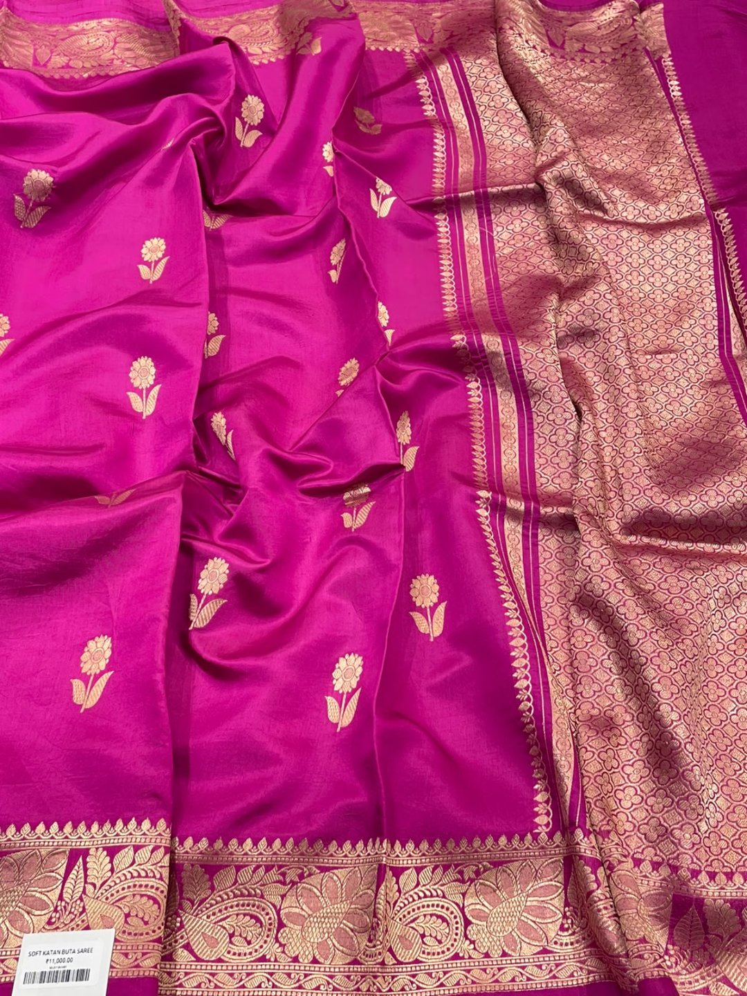 Rani Pink Katan Silk Banarasi saree border closeup