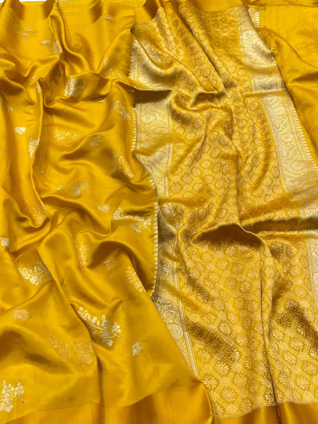 Lemon Yellow Katan Silk Banarasi saree front drape view