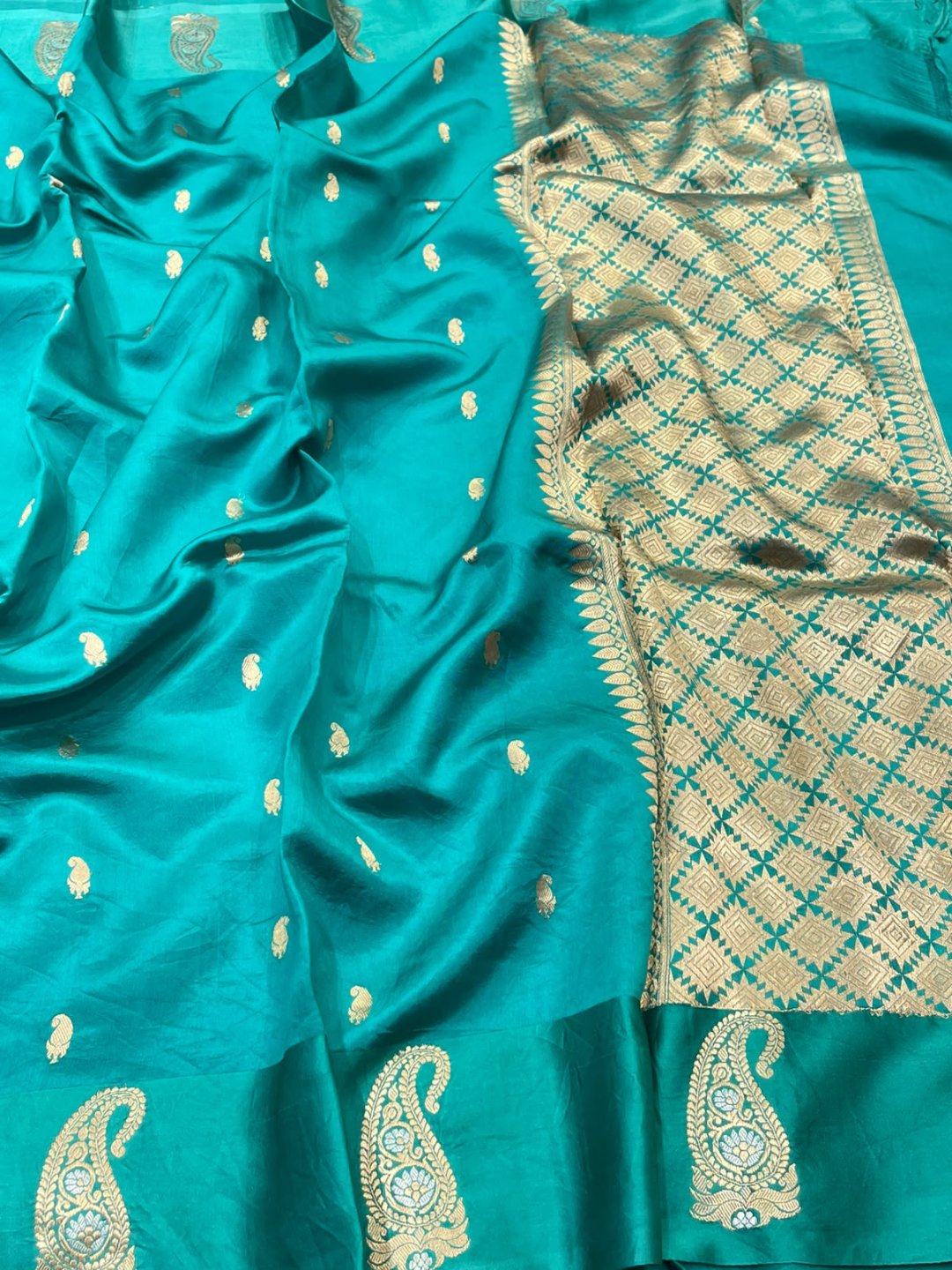 Aqua Green Katan Silk Banarasi saree front drape view