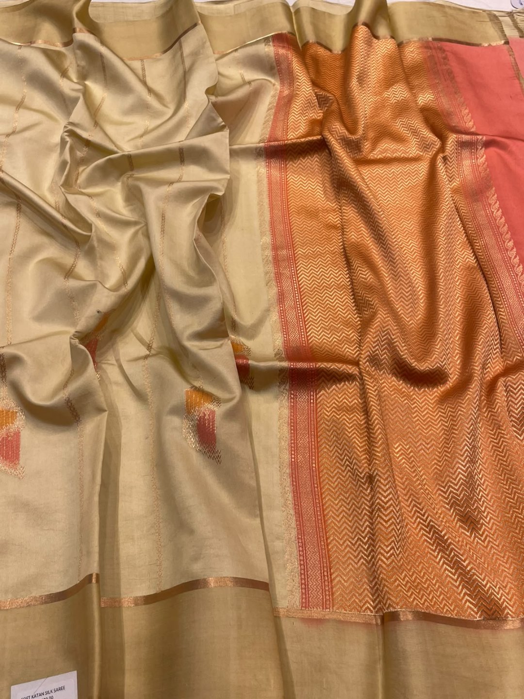 Ivory with Orange and Pink shade Katan Silk Banarasi saree front drape view