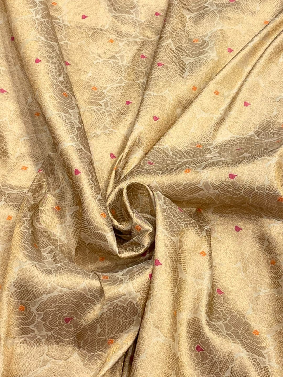 Ivory with Orange and Pink buta Katan Silk Banarasi saree pallu detail