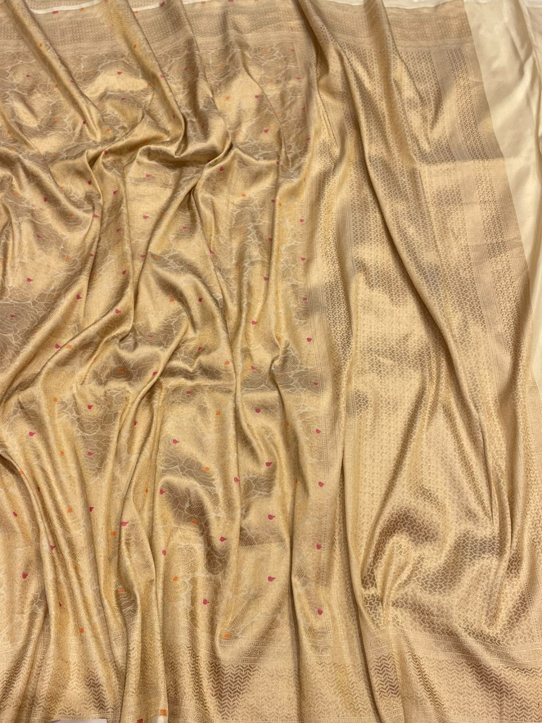 Ivory with Orange and Pink buta Katan Silk Banarasi saree full spread