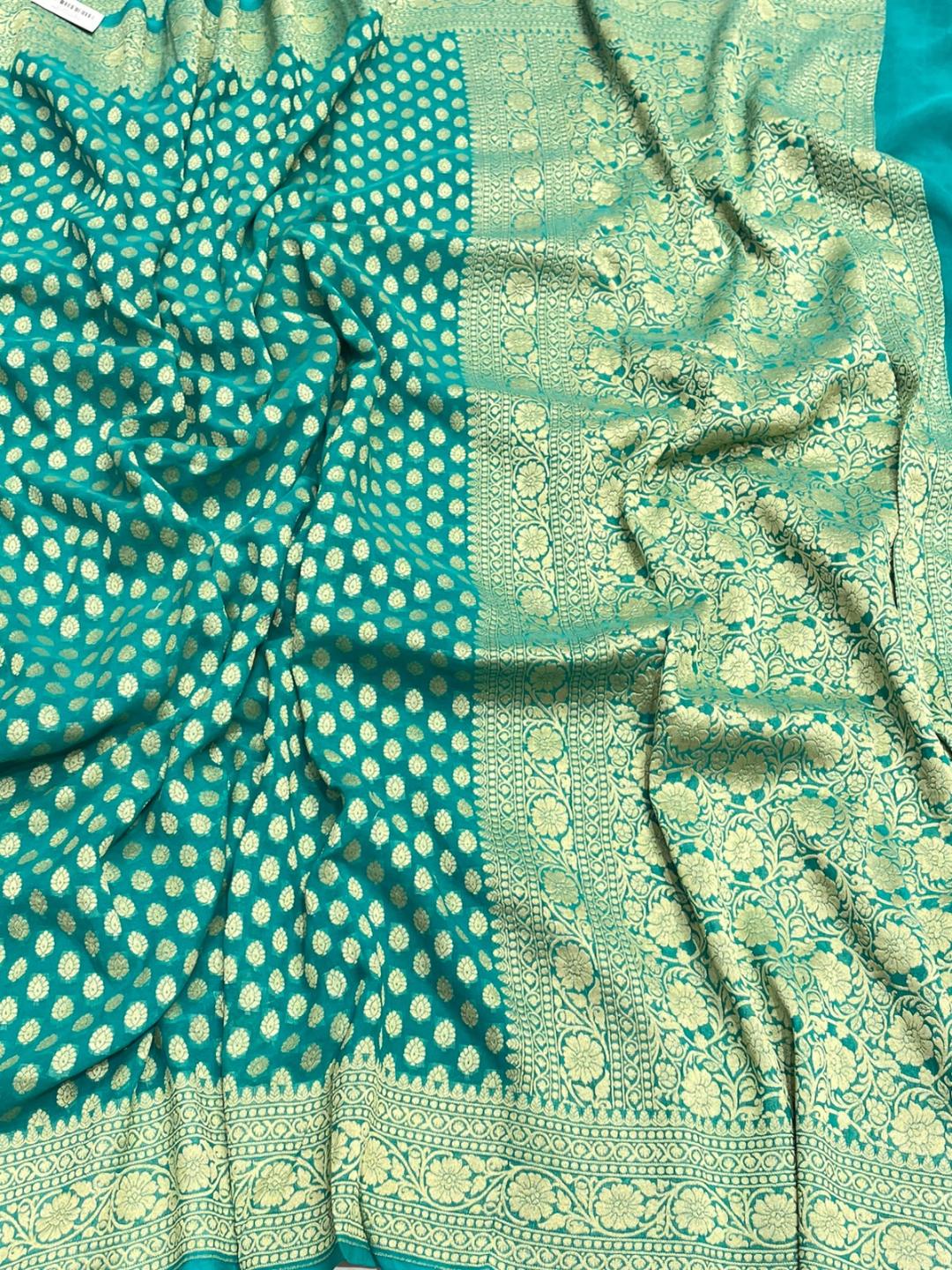 Green Chiffon Banarasi saree front drape view