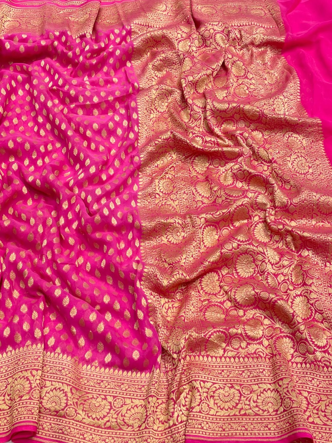Pink Chiffon Banarasi saree front drape view