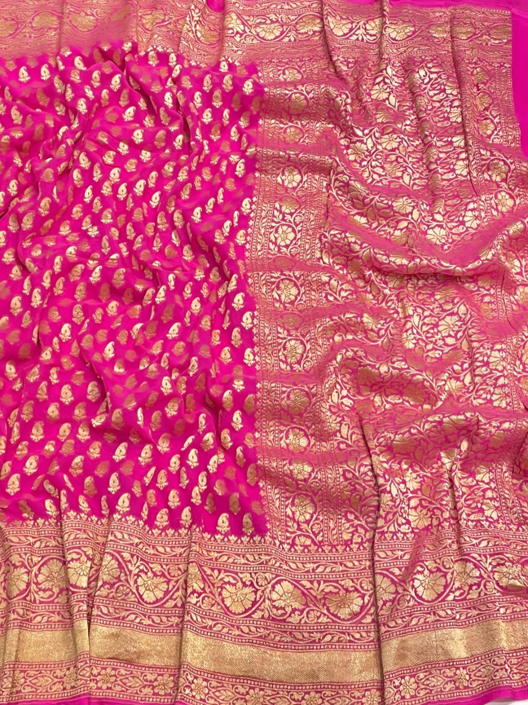 Pink Chiffon Banarasi saree front drape view