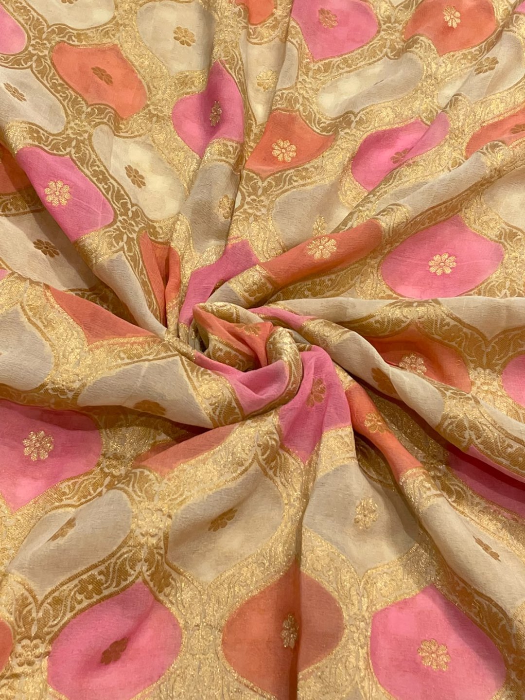 Off white with pink and peach shade Chiffon Banarasi saree blouse piece