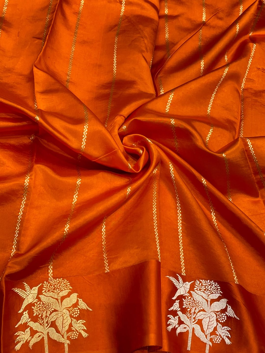 Burnt Orange Katan Silk Banarasi saree full spread