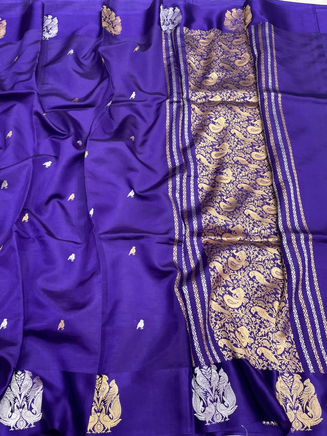 Royal Purple Katan Silk Banarasi saree front drape view