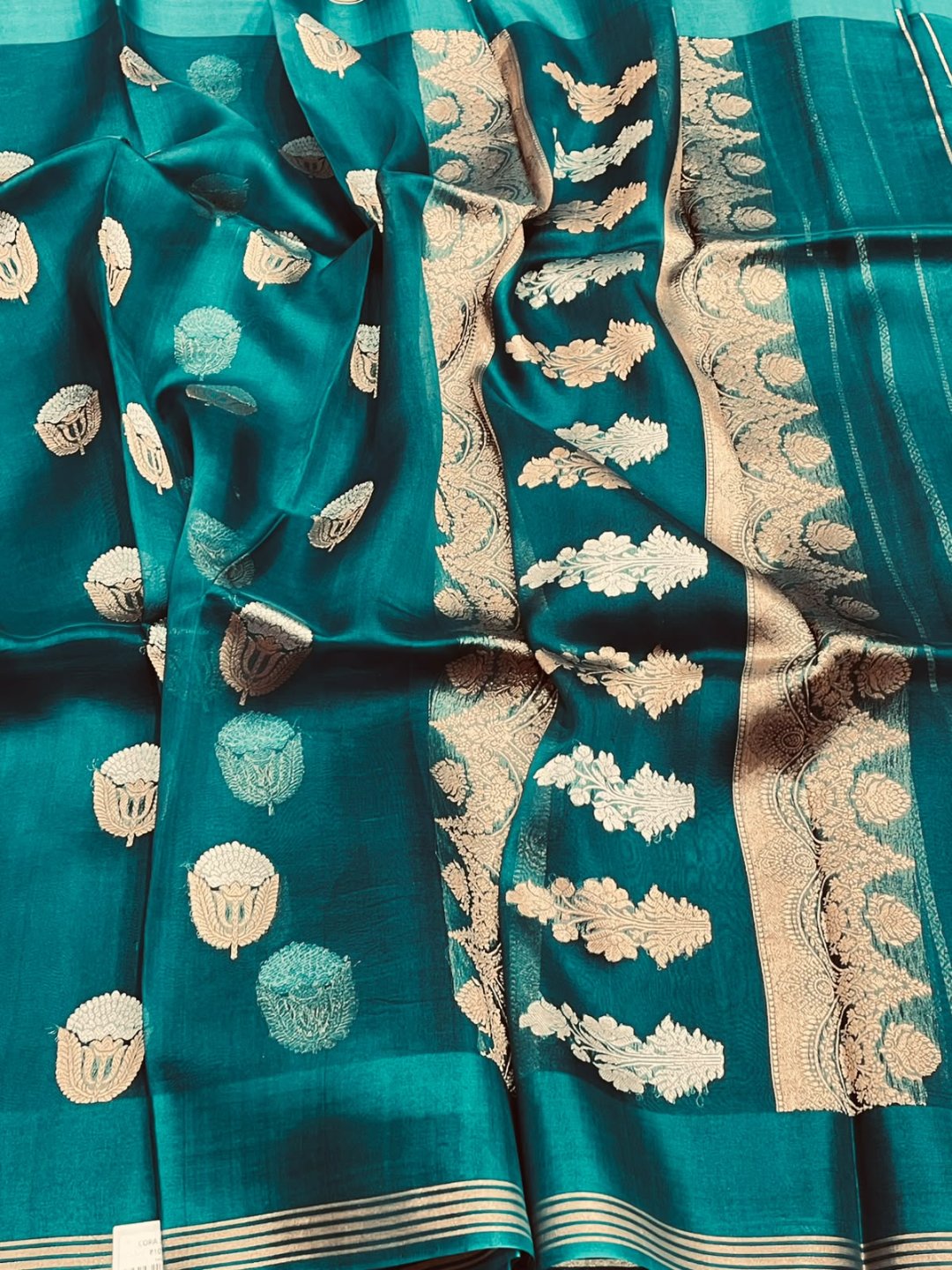 Rama Green Kora Silk Banarasi saree front drape view