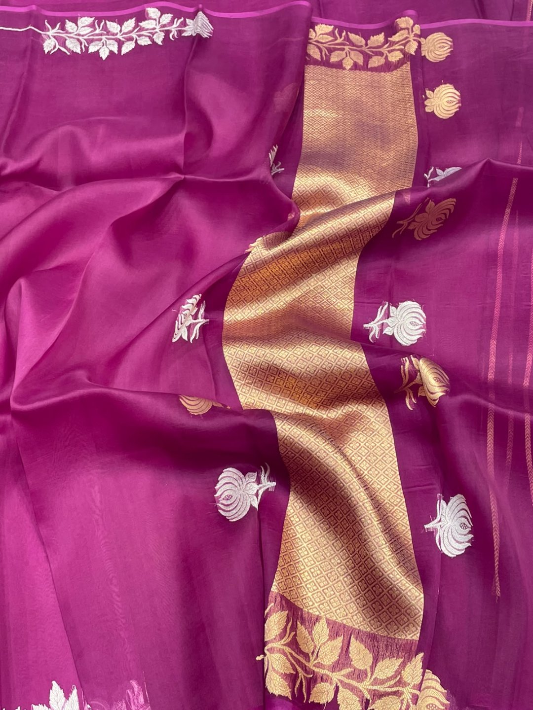 Magenta Pink Kora Silk Banarasi saree front drape view