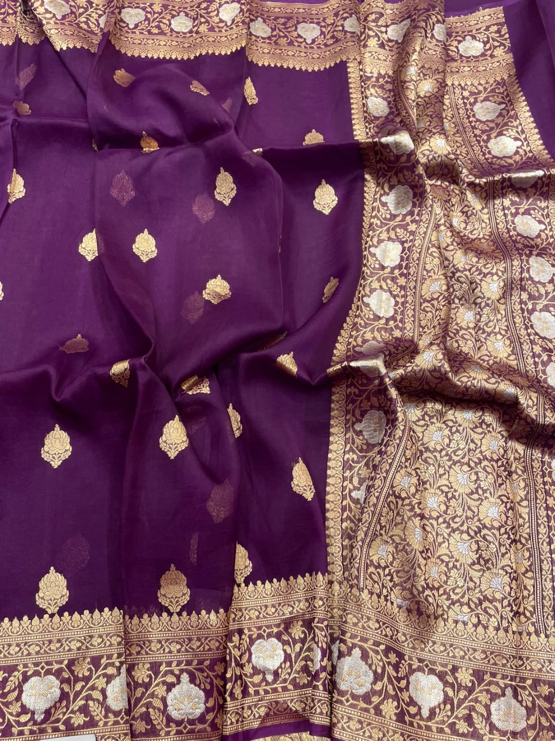Deep Purple Kora Silk Banarasi saree front drape view
