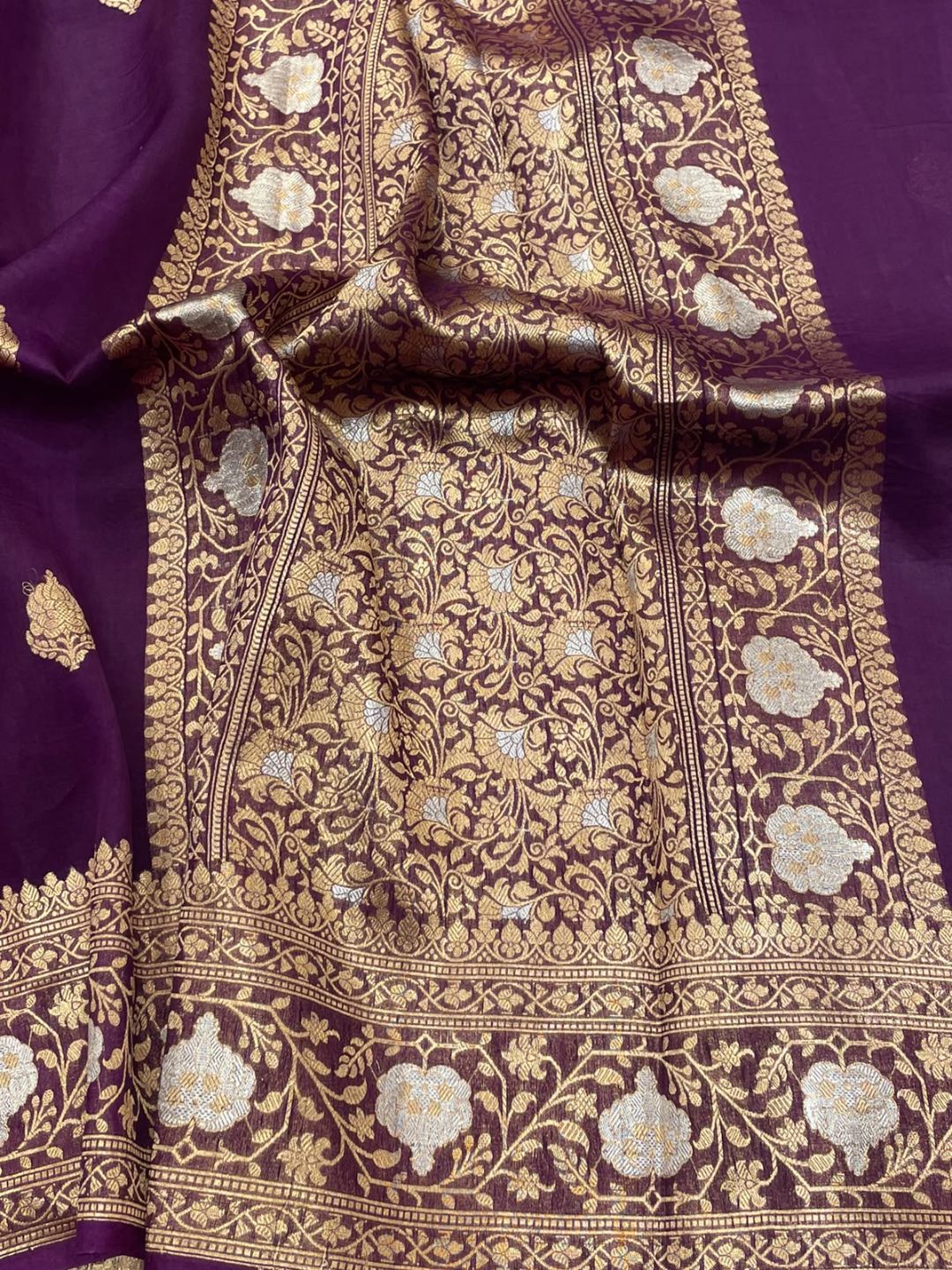 Deep Purple Kora Silk Banarasi saree border closeup