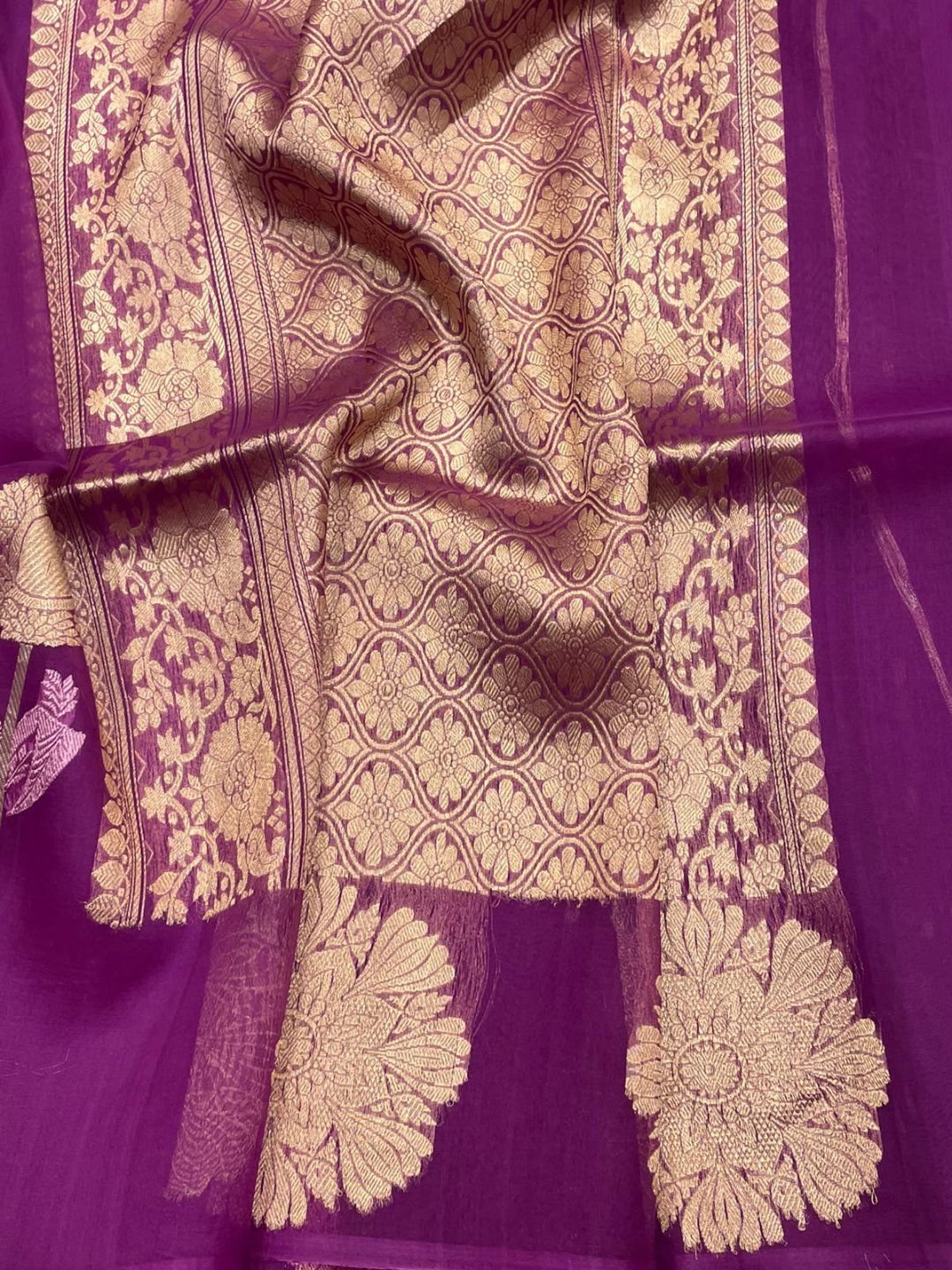 Magenta pink Kora Silk Banarasi saree front drape view