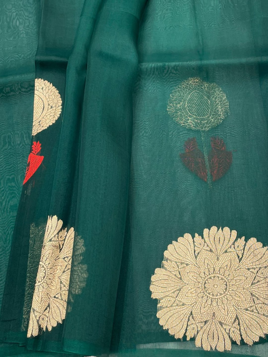 Bottle Green Kora Silk Banarasi saree border closeup