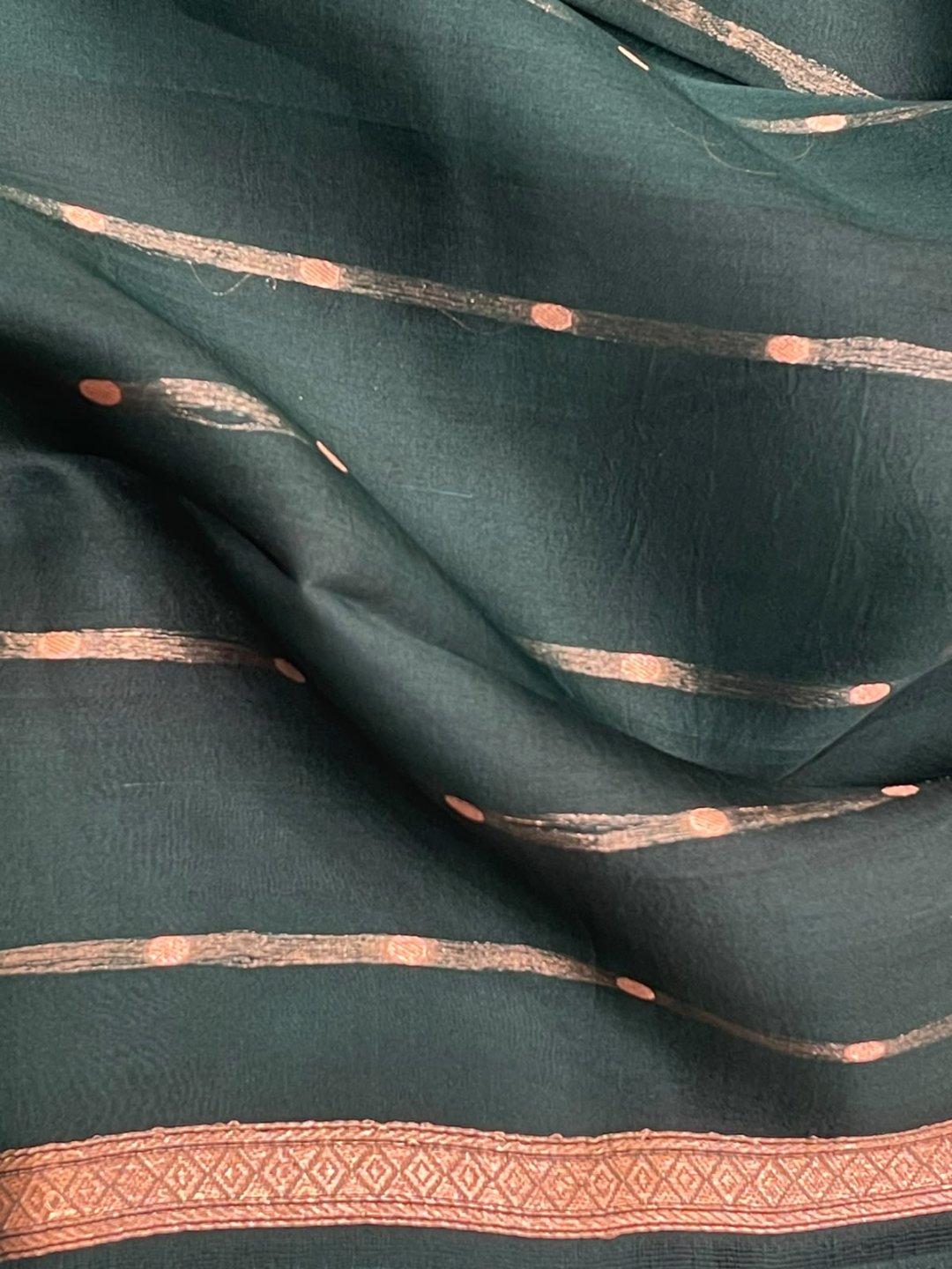 Bottle Green Kora Silk Banarasi saree full spread