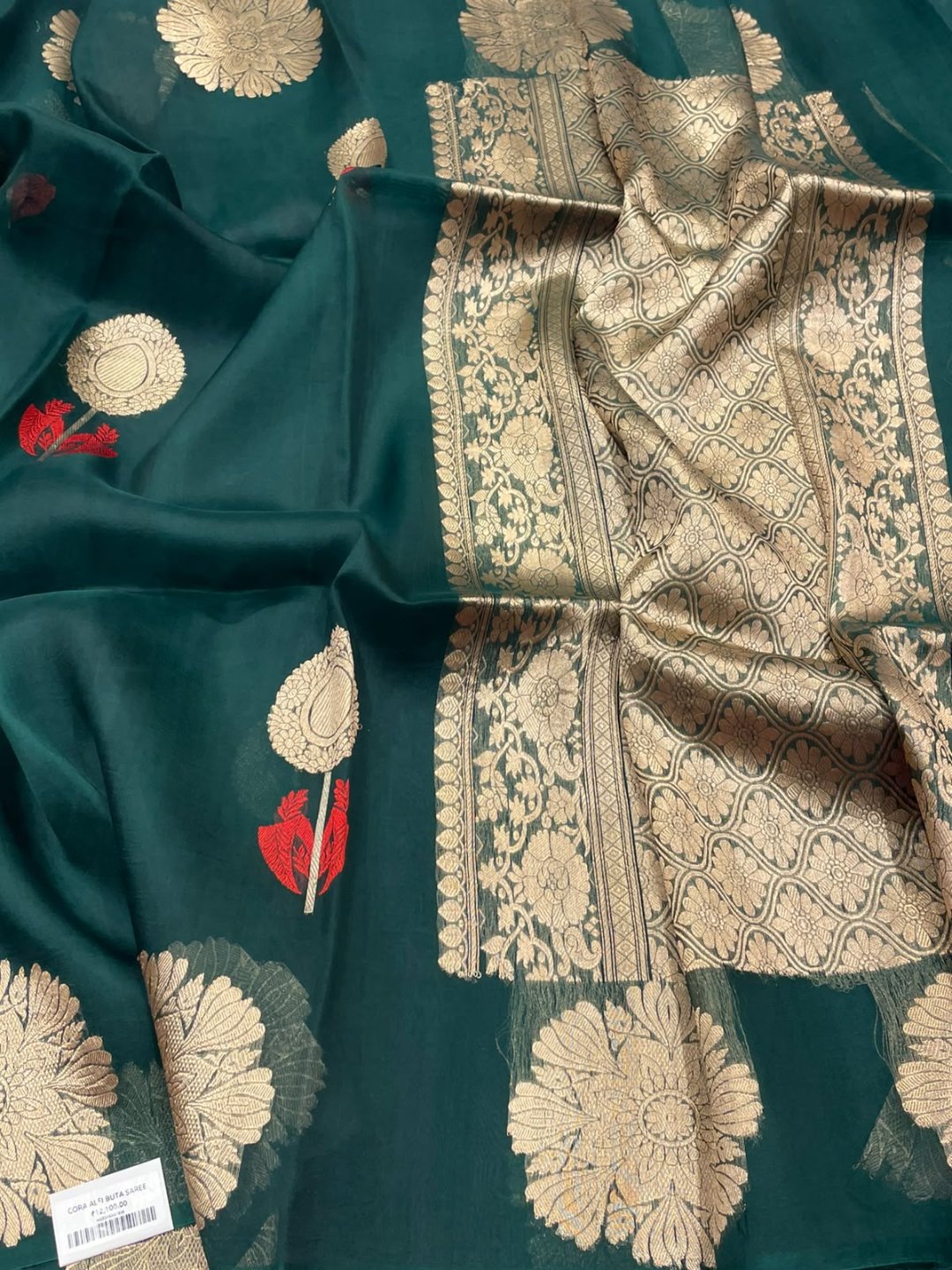 Bottle Green Kora Silk Banarasi saree front drape view