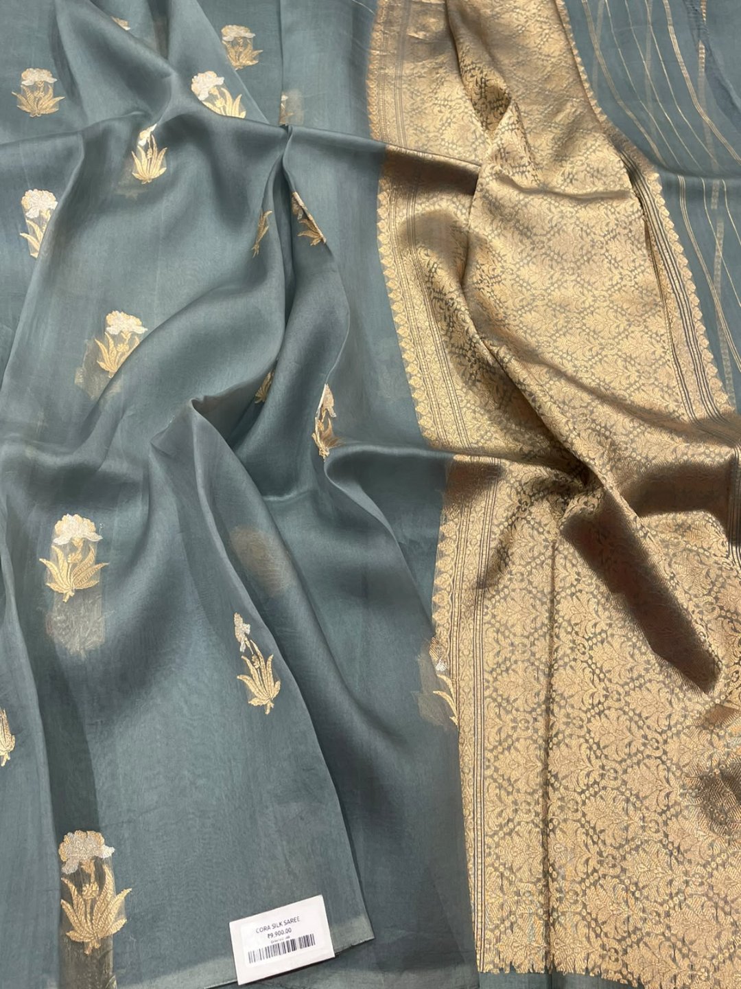 Grey Kora Silk Banarasi saree front drape view