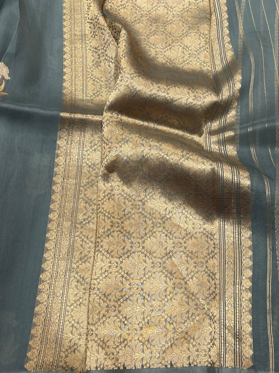Grey Kora Silk Banarasi saree pallu detail