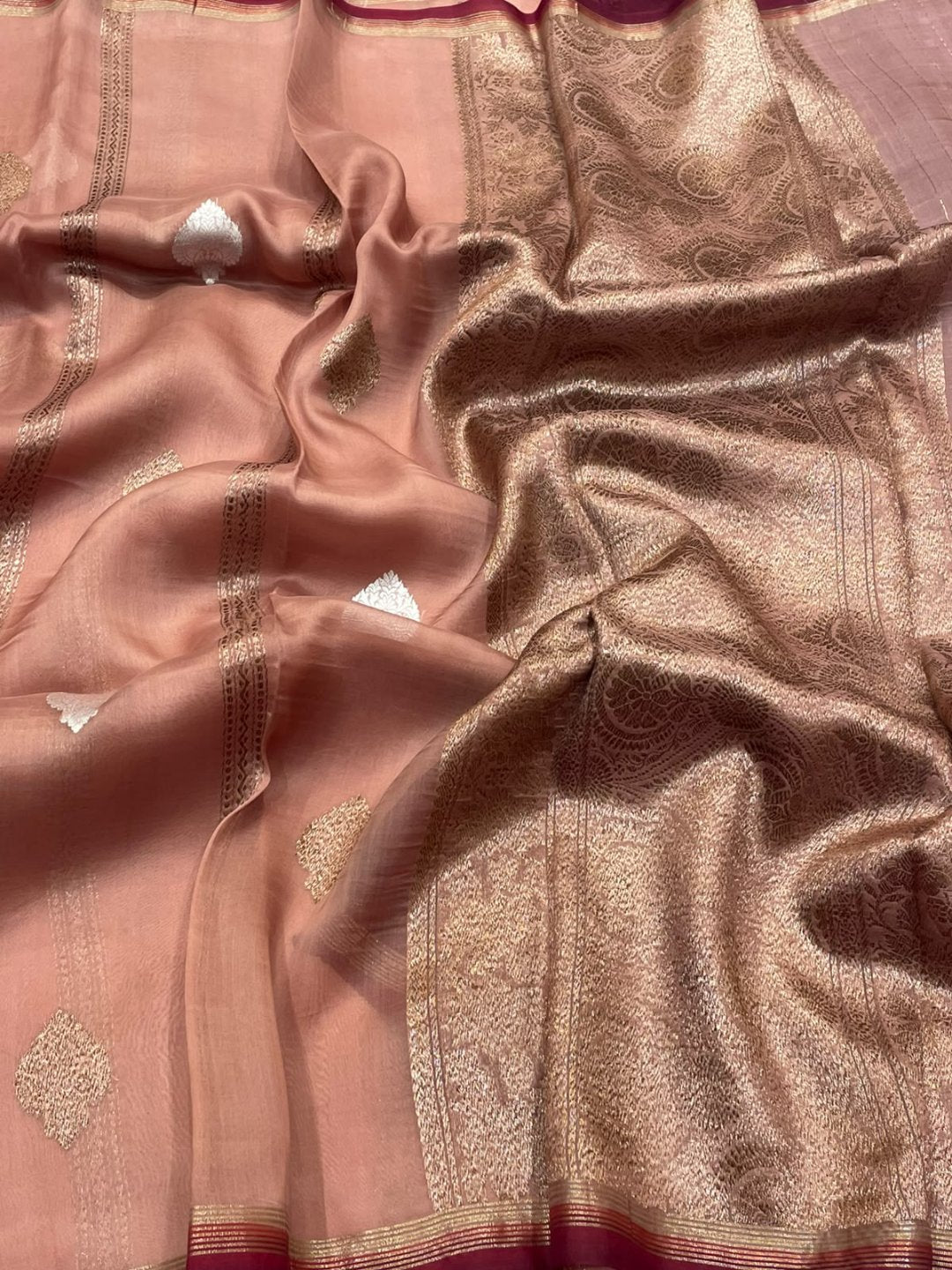 Peach Kora Silk Banarasi saree front drape view