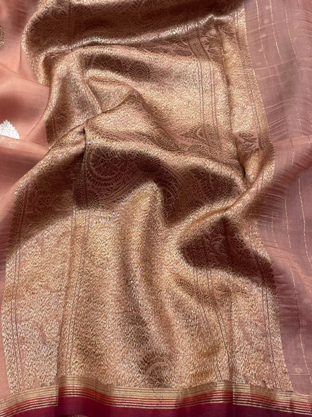 Peach Kora Silk Banarasi saree pallu detail