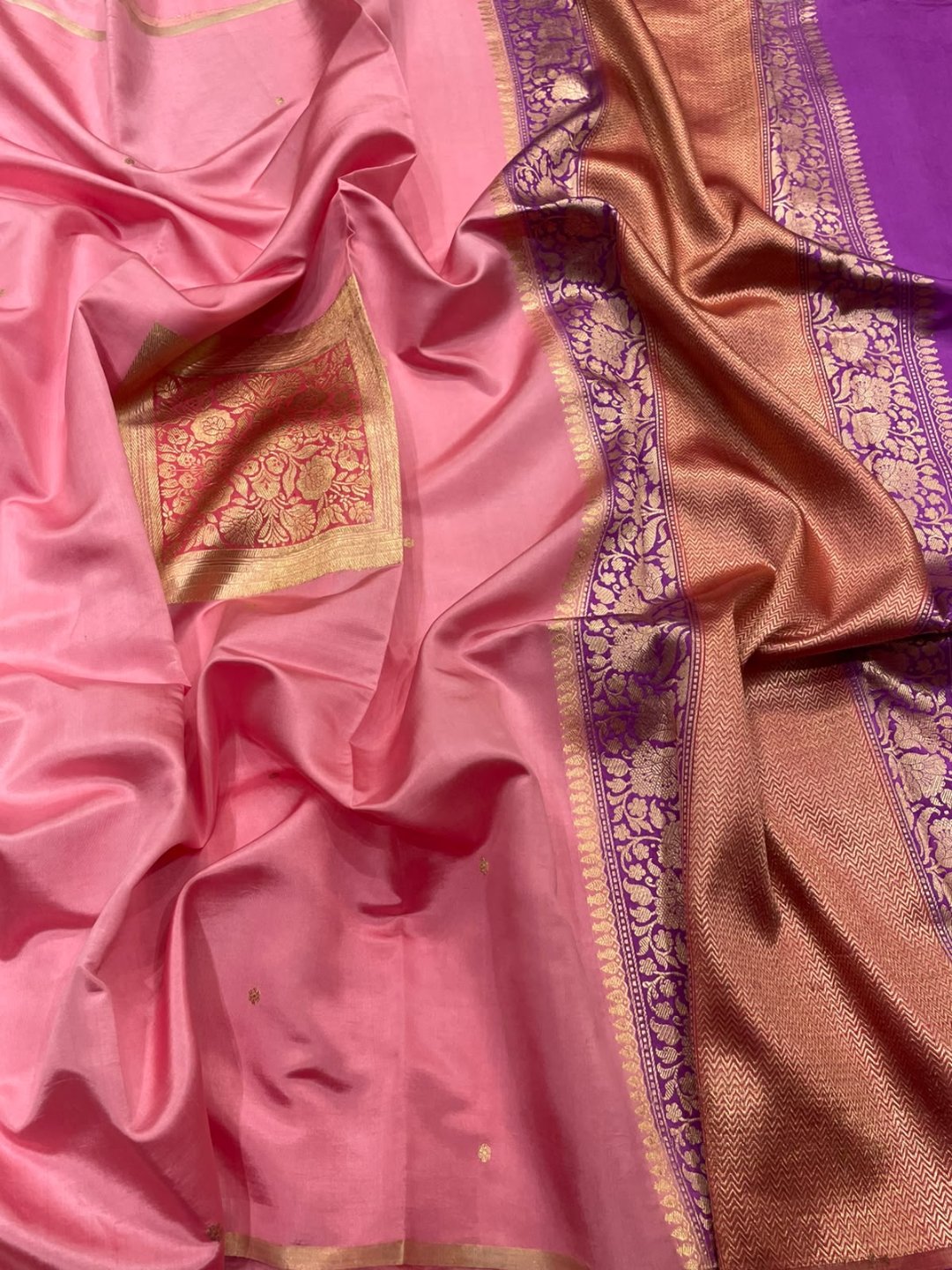 Baby pink Katan Silk Banarasi saree front drape view